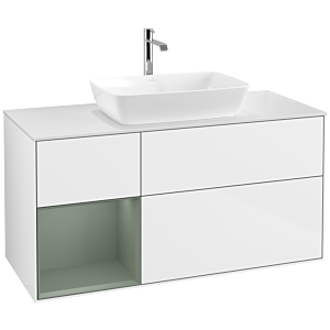 Villeroy und Boch Finion Waschtischunterschrank F821GMGF 120cm, Abdeckplatte white matt, Regale Olive matt lacquer, Glossy white lacquer