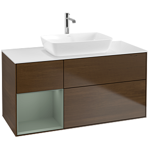 Villeroy und Boch Finion Waschtischunterschrank F821GMGN 120cm, Abdeckplatte white matt, Regale Olive matt lacquer, Walnut veneer