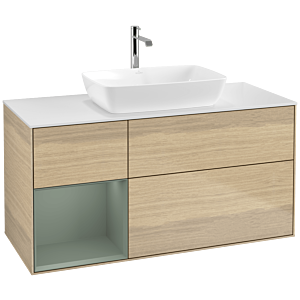 Villeroy und Boch Finion Waschtischunterschrank F821GMPC 120cm, Abdeckplatte white matt, Regale Olive matt lacquer, Oak Veneer