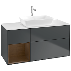 Villeroy und Boch Finion Waschtischunterschrank F821GNHG 120cm, Abdeckplatte white matt, Regale Walnut Veneer, Midnight Blue Matt Lacquer