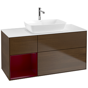 Villeroy und Boch Finion Waschtischunterschrank F821HBGN 120cm, Abdeckplatte white matt, Regale Peony matt lacquer, Walnut veneer