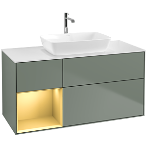 Villeroy und Boch Finion Waschtischunterschrank F821HFGM 120cm, Abdeckplatte white matt, Regale Gold matt lacquer, Olive Matt Lacquer