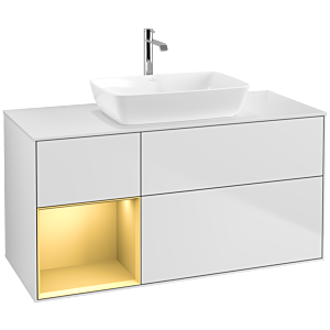 Villeroy und Boch Finion Waschtischunterschrank F821HFMT 120cm, Abdeckplatte white matt, Regale Gold matt lacquer, White matt lacquer