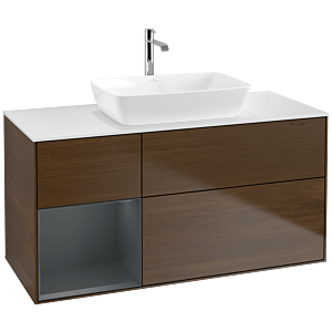 Villeroy und Boch Finion Waschtischunterschrank F821HGGN 120cm, Abdeckplatte white matt, Regale Midnight matt lacquer, Walnut veneer