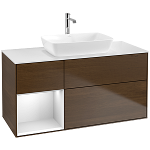 Villeroy und Boch Finion Waschtischunterschrank F821MTGN 120cm, Abdeckplatte white matt, Regale White matt lacquer, Walnut veneer