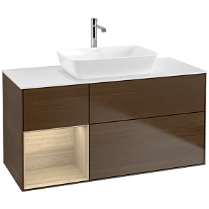 Villeroy und Boch Finion Waschtischunterschrank F821PCGN 120cm, Abdeckplatte white matt, Regale Oak Veneer, Walnut veneer