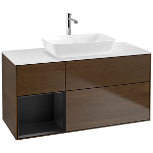 Villeroy und Boch Finion Waschtischunterschrank F821PDGN 120cm, Abdeckplatte white matt, Regale Black matt lacquer, Walnut veneer
