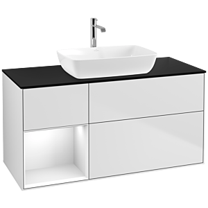 Villeroy und Boch Finion Waschtischunterschrank F822GFMT 120cm, Abdeckplatte black matt, Regale Glossy white lacquer, White matt lacquer