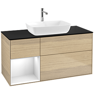 Villeroy und Boch Finion Waschtischunterschrank F822GFPC 120cm, Abdeckplatte black matt, Regale Glossy white lacquer, Oak Veneer