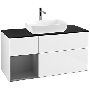 Villeroy und Boch Finion Waschtischunterschrank F822GKGF 120cm, Abdeckplatte black matt, Regale Anthracite matt lacquer, Glossy white lacquer