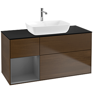 Villeroy und Boch Finion Waschtischunterschrank F822GKGN 120cm, Abdeckplatte black matt, Regale Anthracite matt lacquer, Walnut veneer
