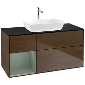Villeroy und Boch Finion Waschtischunterschrank F822GMGN 120cm, Abdeckplatte black matt, Regale Olive matt lacquer, Walnut veneer