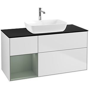 Villeroy und Boch Finion Waschtischunterschrank F822GMMT 120cm, Abdeckplatte black matt, Regale Olive matt lacquer, White matt lacquer