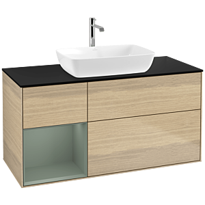Villeroy und Boch Finion Waschtischunterschrank F822GMPC 120cm, Abdeckplatte black matt, Regale Olive matt lacquer, Oak Veneer