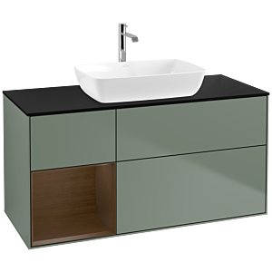 Villeroy und Boch Finion Waschtischunterschrank F822GNGM 120cm, Abdeckplatte black matt, Regale Walnut Veneer, Olive Matt Lacquer