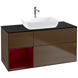 Villeroy und Boch Finion Waschtischunterschrank F822HBGN 120cm, Abdeckplatte black matt, Regale Peony matt lacquer, Walnut veneer