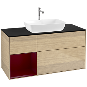 Villeroy und Boch Finion Waschtischunterschrank F822HBPC 120cm, Abdeckplatte black matt, Regale Peony matt lacquer, Oak Veneer