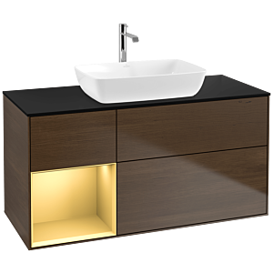 Villeroy und Boch Finion Waschtischunterschrank F822HFGN 120cm, Abdeckplatte black matt, Regale Gold matt lacquer, Walnut veneer