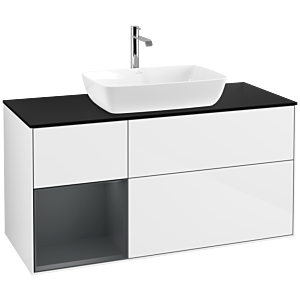 Villeroy und Boch Finion Waschtischunterschrank F822HGGF 120cm, Abdeckplatte black matt, Regale Midnight matt lacquer, Glossy white lacquer