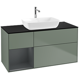 Villeroy und Boch Finion Waschtischunterschrank F822HGGM 120cm, Abdeckplatte black matt, Regale Midnight matt lacquer, Olive Matt Lacquer