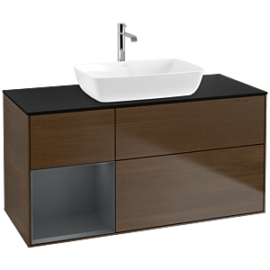 Villeroy und Boch Finion Waschtischunterschrank F822HGGN 120cm, Abdeckplatte black matt, Regale Midnight matt lacquer, Walnut veneer