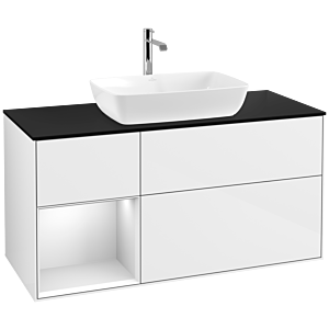 Villeroy und Boch Finion Waschtischunterschrank F822MTGF 120cm, Abdeckplatte black matt, Regale White matt lacquer, Glossy white lacquer