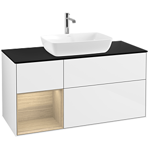 Villeroy und Boch Finion Waschtischunterschrank F822PCGF 120cm, Abdeckplatte black matt, Regale Oak Veneer, Glossy white lacquer