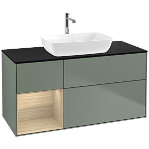 Villeroy und Boch Finion Waschtischunterschrank F822PCGM 120cm, Abdeckplatte black matt, Regale Oak Veneer, Olive Matt Lacquer