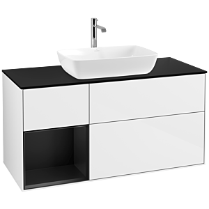 Villeroy und Boch Finion Waschtischunterschrank F822PDGF 120cm, Abdeckplatte black matt, Regale Black matt lacquer, Glossy white lacquer