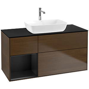 Villeroy und Boch Finion Waschtischunterschrank F822PDGN 120cm, Abdeckplatte black matt, Regale Black matt lacquer, Walnut veneer