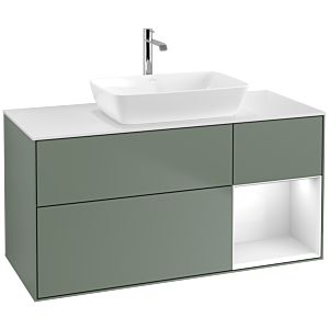 Villeroy und Boch Finion Waschtischunterschrank F831GFGM 120cm, Abdeckplatte white matt, Regale Glossy white lacquer, Olive Matt Lacquer