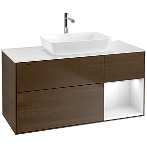 Villeroy und Boch Finion Waschtischunterschrank F831GFGN 120cm, Abdeckplatte white matt, Regale Glossy white lacquer, Walnut veneer
