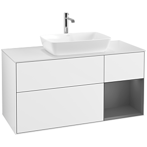 Villeroy und Boch Finion Waschtischunterschrank F831GKGF 120cm, Abdeckplatte white matt, Regale Anthracite matt lacquer, Glossy white lacquer