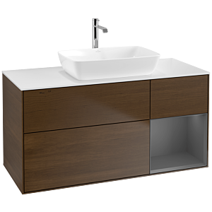 Villeroy und Boch Finion Waschtischunterschrank F831GKGN 120cm, Abdeckplatte white matt, Regale Anthracite matt lacquer, Walnut veneer