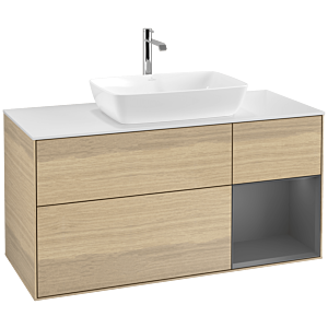 Villeroy und Boch Finion Waschtischunterschrank F831GKPC 120cm, Abdeckplatte white matt, Regale Anthracite matt lacquer, Oak Veneer