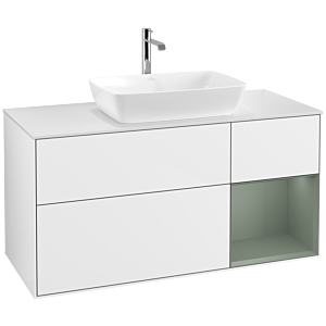 Villeroy und Boch Finion Waschtischunterschrank F831GMGF 120cm, Abdeckplatte white matt, Regale Olive matt lacquer, Glossy white lacquer