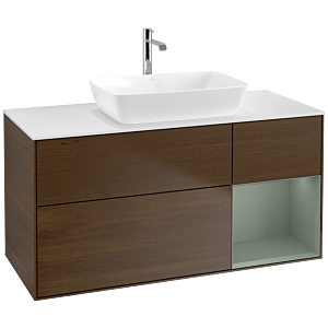 Villeroy und Boch Finion Waschtischunterschrank F831GMGN 120cm, Abdeckplatte white matt, Regale Olive matt lacquer, Walnut veneer