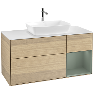 Villeroy und Boch Finion Waschtischunterschrank F831GMPC 120cm, Abdeckplatte white matt, Regale Olive matt lacquer, Oak Veneer