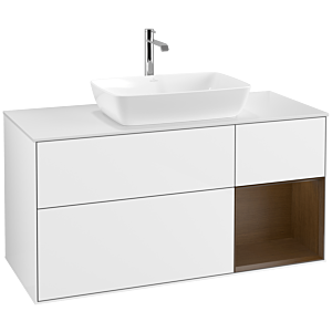 Villeroy und Boch Finion Waschtischunterschrank F831GNGF 120cm, Abdeckplatte white matt, Regale Walnut Veneer, Glossy white lacquer