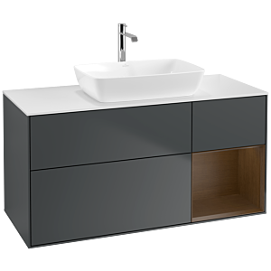 Villeroy und Boch Finion Waschtischunterschrank F831GNHG 120cm, Abdeckplatte white matt, Regale Walnut Veneer, Midnight Blue Matt Lacquer