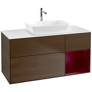 Villeroy und Boch Finion Waschtischunterschrank F831HBGN 120cm, Abdeckplatte white matt, Regale Peony matt lacquer, Walnut veneer