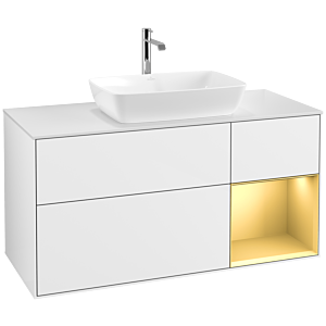Villeroy und Boch Finion Waschtischunterschrank F831HFGF 120cm, Abdeckplatte white matt, Regale Gold matt lacquer, Glossy white lacquer