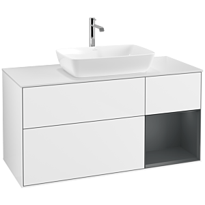 Villeroy und Boch Finion Waschtischunterschrank F831HGGF 120cm, Abdeckplatte white matt, Regale Midnight matt lacquer, Glossy white lacquer