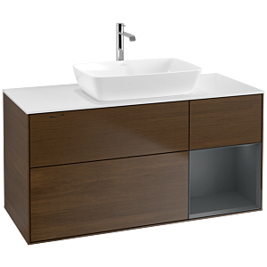 Villeroy und Boch Finion Waschtischunterschrank F831HGGN 120cm, Abdeckplatte white matt, Regale Midnight matt lacquer, Walnut veneer