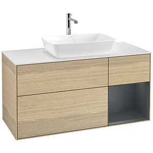 Villeroy und Boch Finion Waschtischunterschrank F831HGPC 120cm, Abdeckplatte white matt, Regale Midnight matt lacquer, Oak Veneer