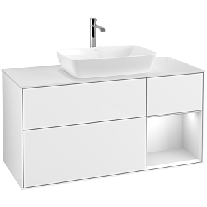 Villeroy und Boch Finion Waschtischunterschrank F831MTGF 120cm, Abdeckplatte white matt, Regale White matt lacquer, Glossy white lacquer