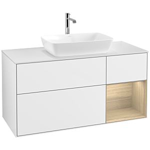 Villeroy und Boch Finion Waschtischunterschrank F831PCGF 120cm, Abdeckplatte white matt, Regale Oak Veneer, Glossy white lacquer