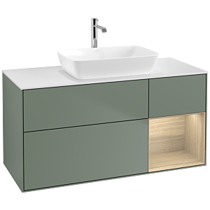 Villeroy und Boch Finion Waschtischunterschrank F831PCGM 120cm, Abdeckplatte white matt, Regale Oak Veneer, Olive Matt Lacquer