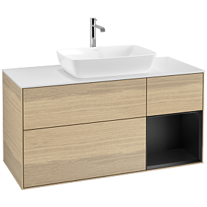 Villeroy und Boch Finion Waschtischunterschrank F831PDPC 120cm, Abdeckplatte white matt, Regale Black matt lacquer, Oak Veneer