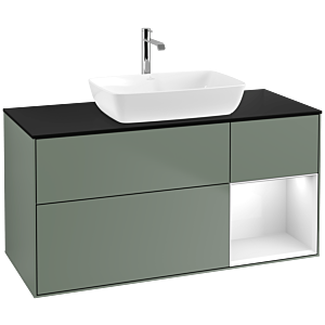 Villeroy und Boch Finion Waschtischunterschrank F832GFGM 120cm, Abdeckplatte black matt, Regale Glossy white lacquer, Olive Matt Lacquer
